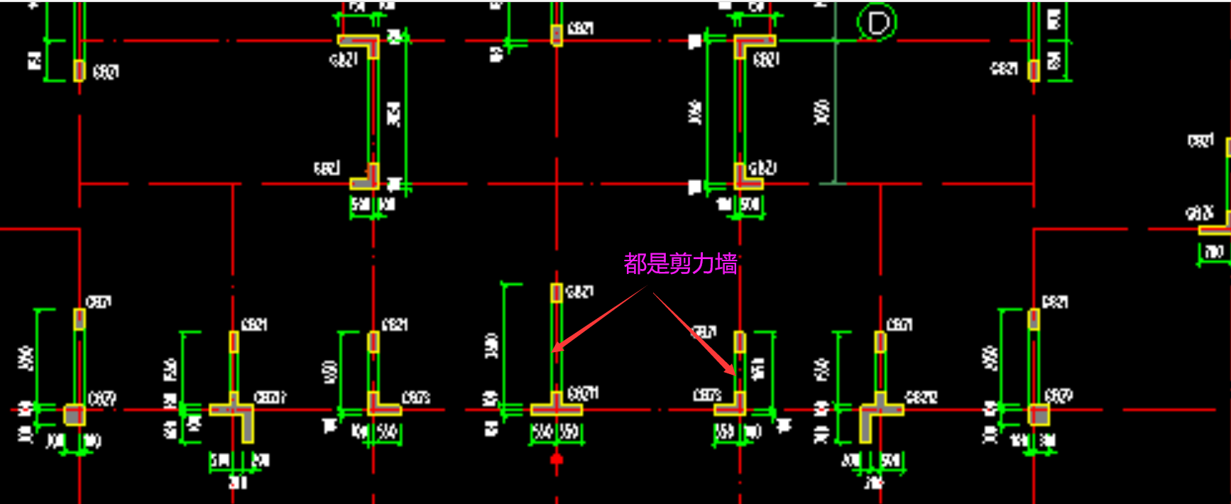 請問我柱圖裡剪力牆只有這麼一點梁圖裡這些綠色的又是剪力牆麼
