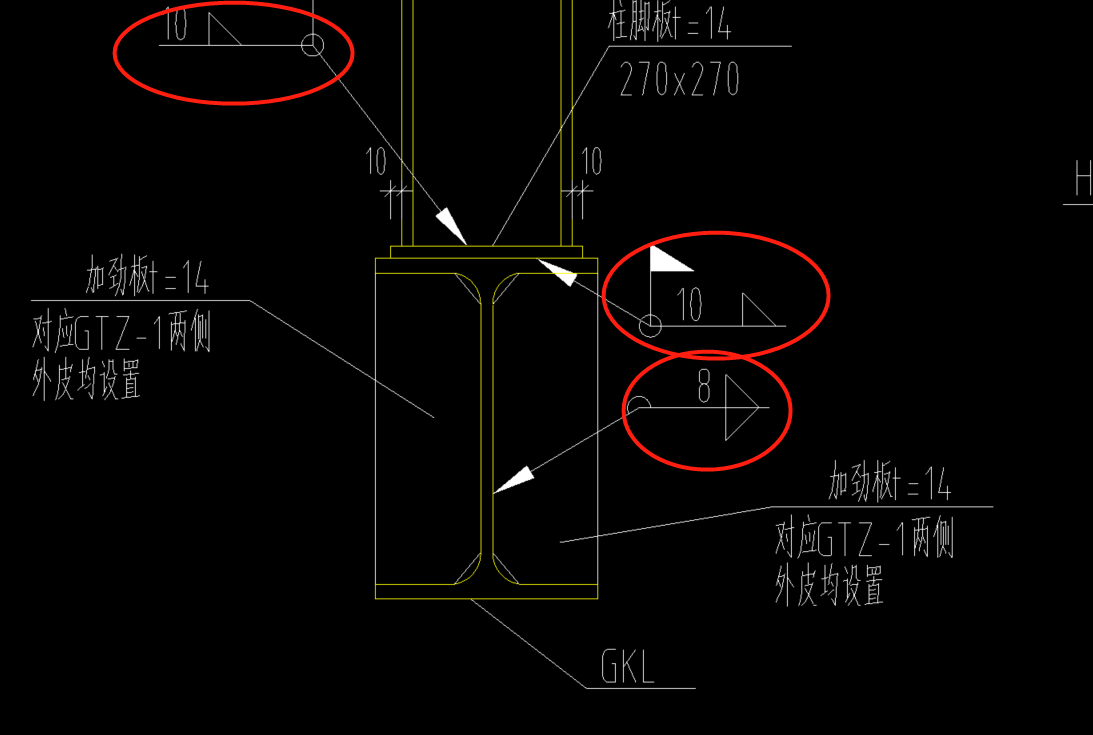 钢结构中加劲板中三角形标注处8和10分别表示什么内容