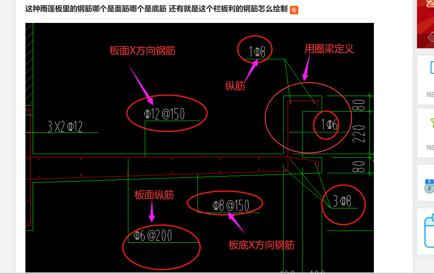 這種雨篷板裡的鋼筋哪個是麵筋哪個是底筋還有就是這個欄板利的鋼筋