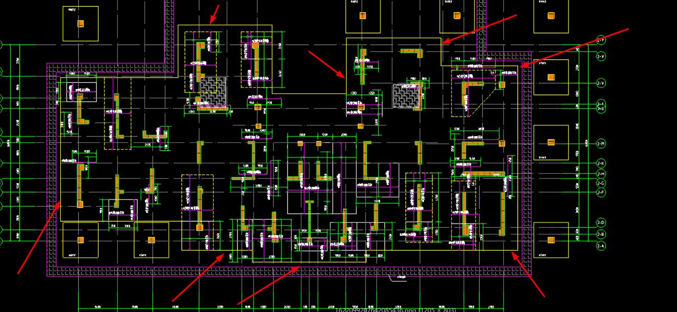 不好意思請問這個圖紙怎麼看筏板基礎畫在哪裡是黃色線嗎墩柱怎麼設