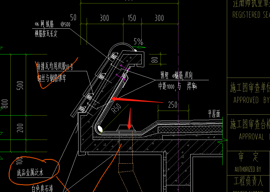 这个檐沟内侧图纸没有给做法可以延伸右侧平屋面的做法么