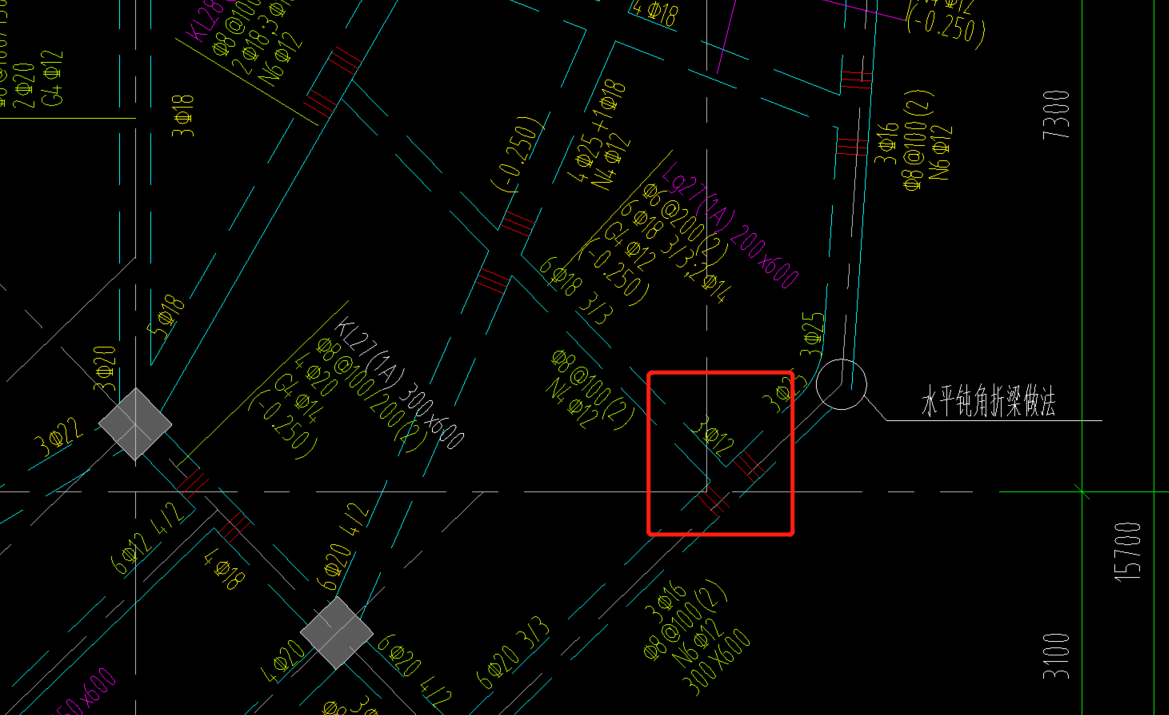 如圖懸挑梁lg27紅框中的3c12支座鋼筋嗎與3c12相交的梁是非框架樑