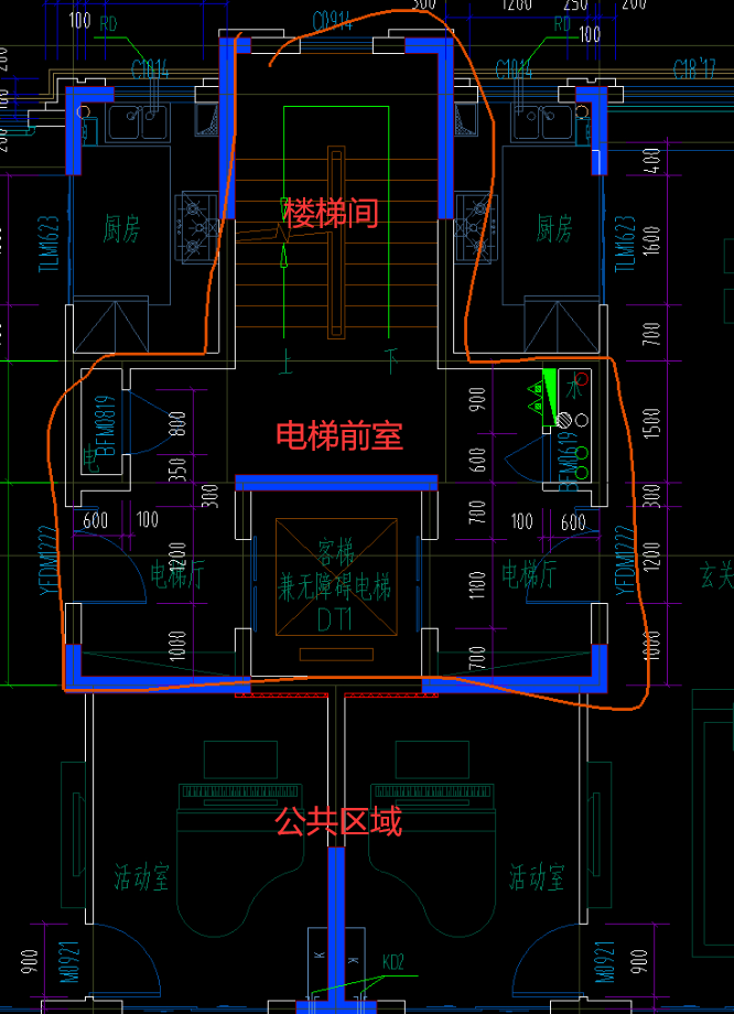 图纸上画圈的哪里属于楼梯间电梯前室公共区域能不能标一下