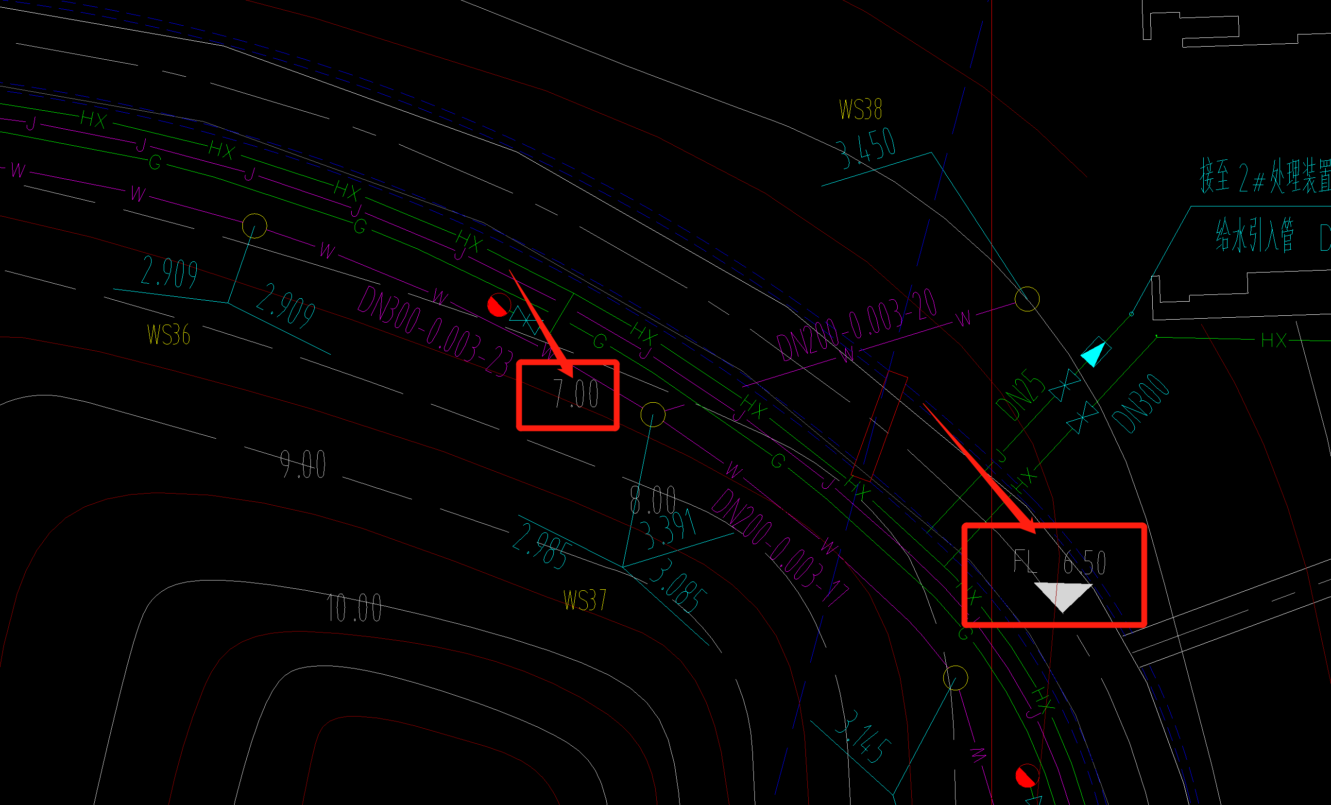 请问老师市政管道图纸中带三角形和fl标志的是标高不带的是不是也是