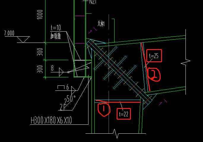 幫我看看圖中鋼結構楔形柱和楔形粱的腹板加勁板尺寸圖中的t代表厚度