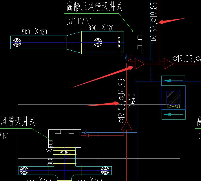 空調平面圖中紅線和藍線分別表示什麼紅色三角形表示什麼φ所對應的不