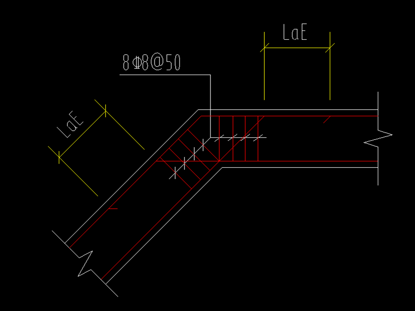 图13图14折梁的钢筋互相锚入lae,有8根附加箍筋.