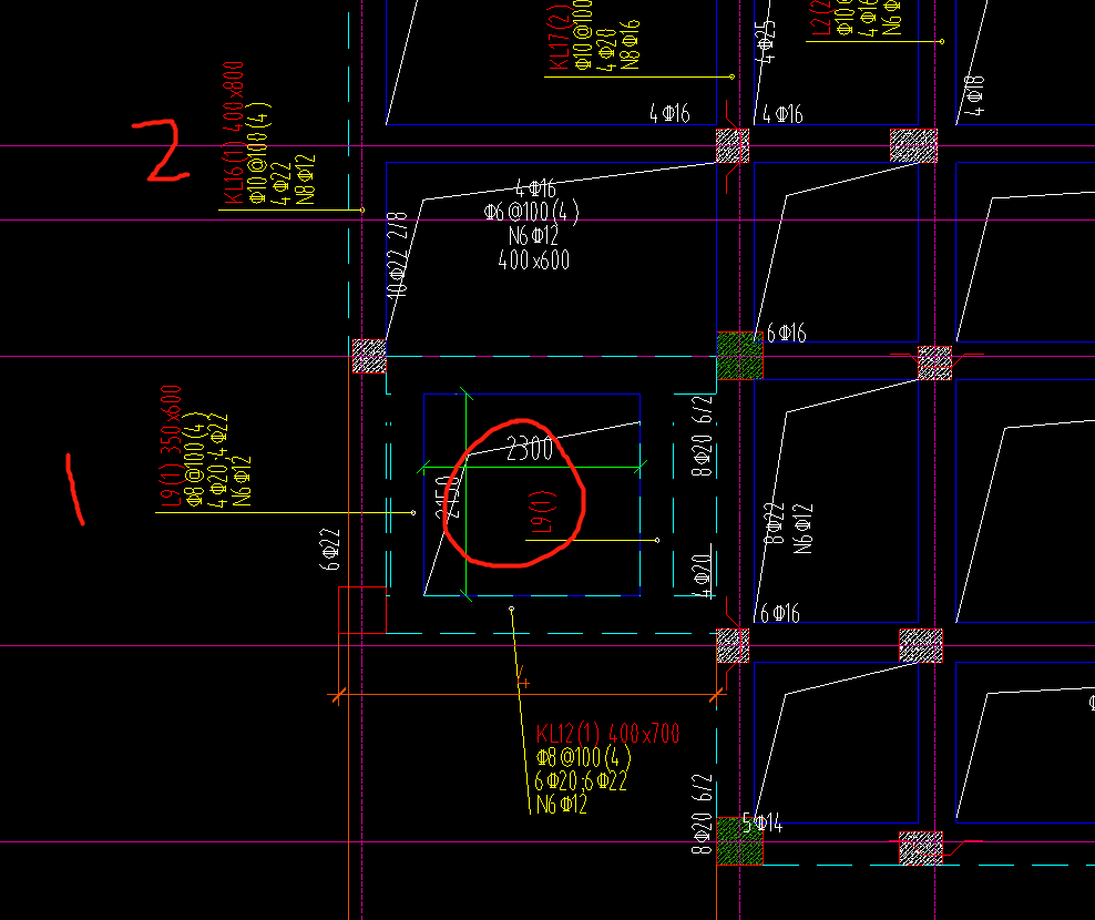 老師您好,這個是地梁配筋平面圖,畫圈的是一個電梯井,如果2是最左邊這