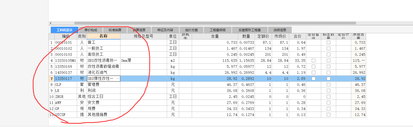 子目工料机