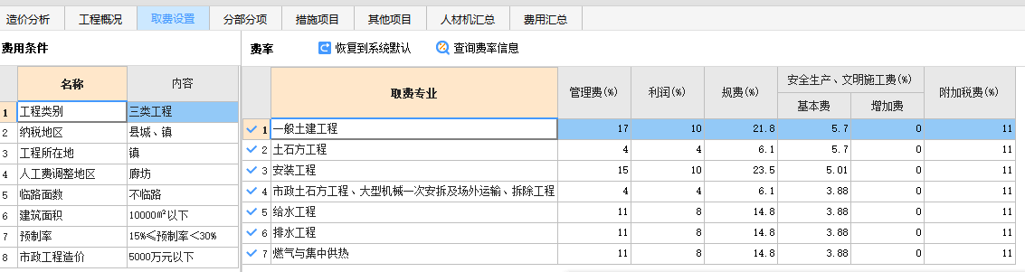 定额计价取费表