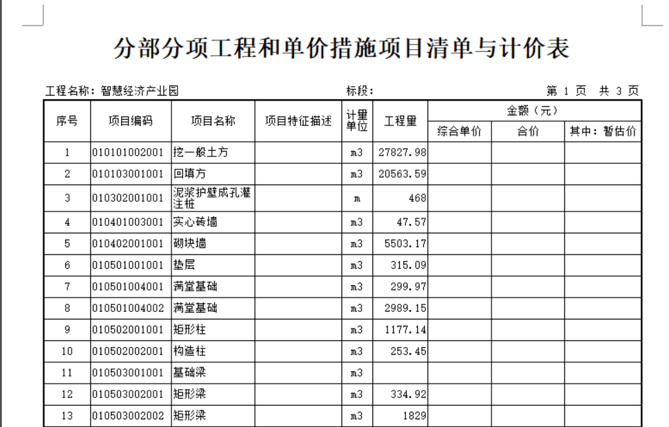 计价表