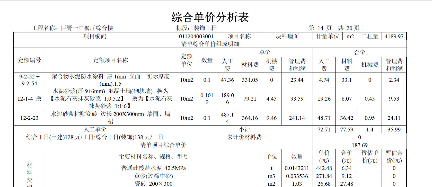 综合单价分析