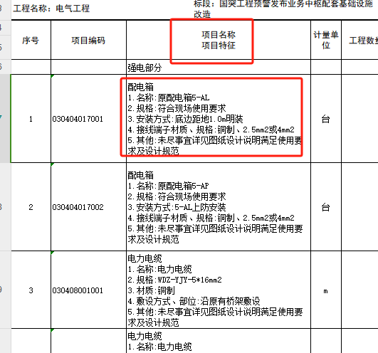 项目特征