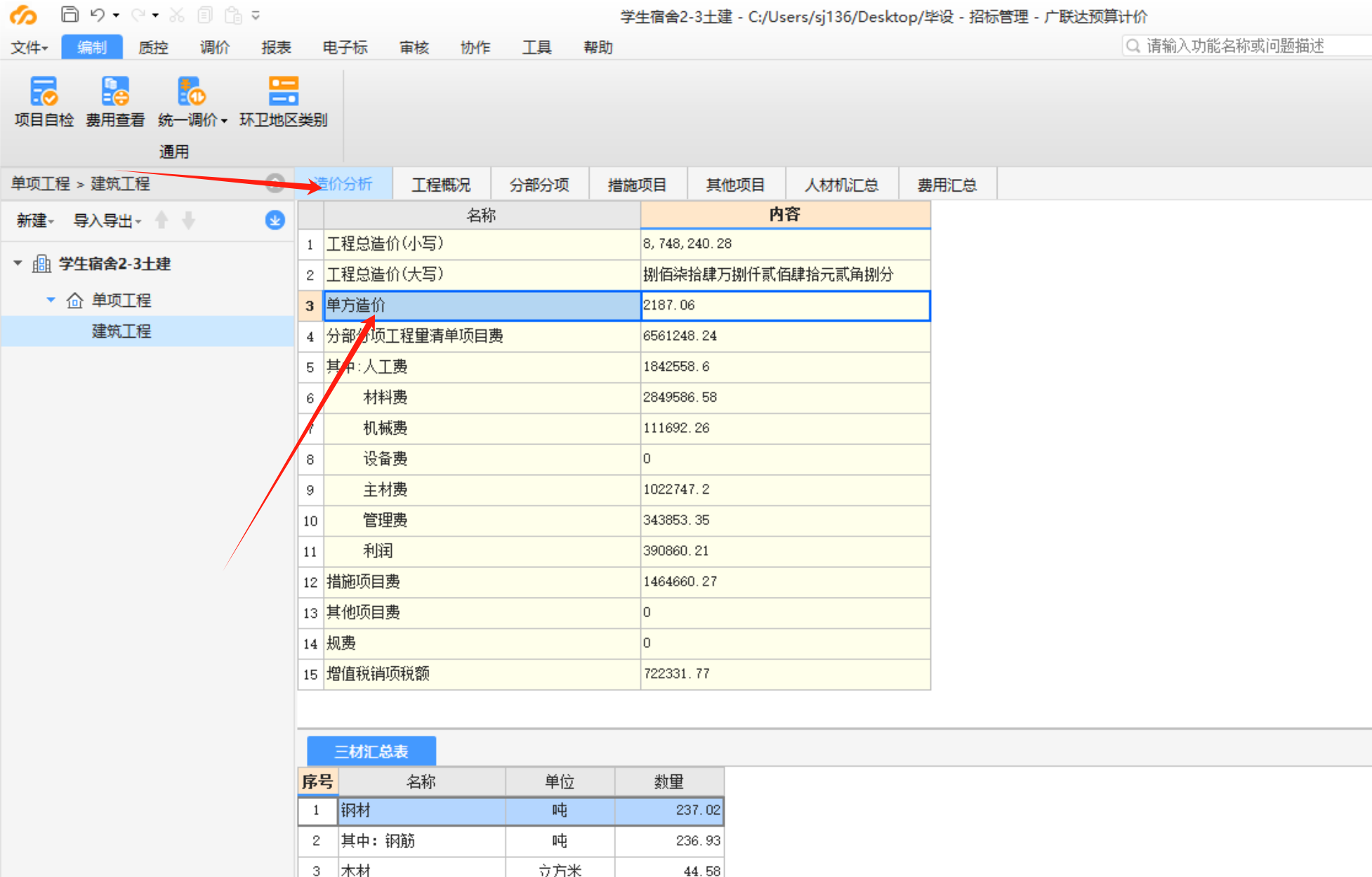 单方造价