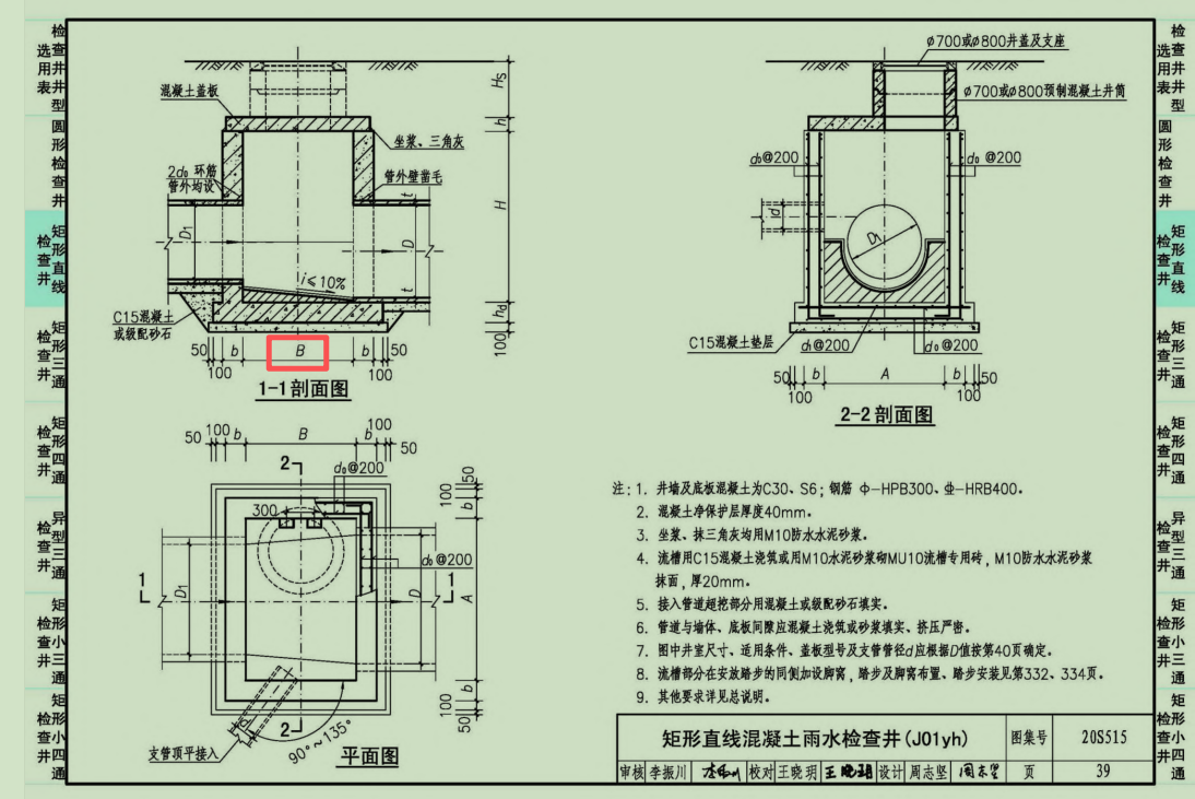 答疑：钢筋混凝土及砖砌排水检查井20S515 P39 1-1剖面图中尺寸B是那个参数。