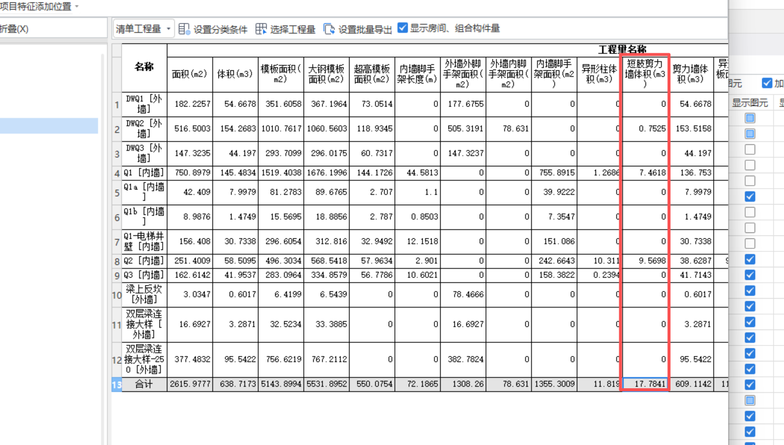答疑：短肢剪力墙工程量需要并入剪力墙里计算吗？如图（17.78+638.717）