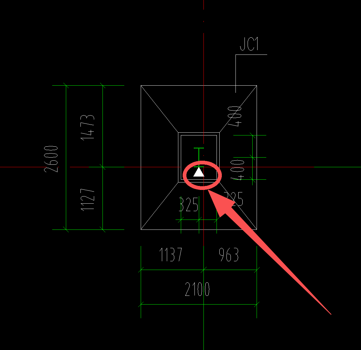 答疑：这是一个钢结构厂房的一个独立基础，独立基础上是柱子，请问圆圈里的三角符号是什么？