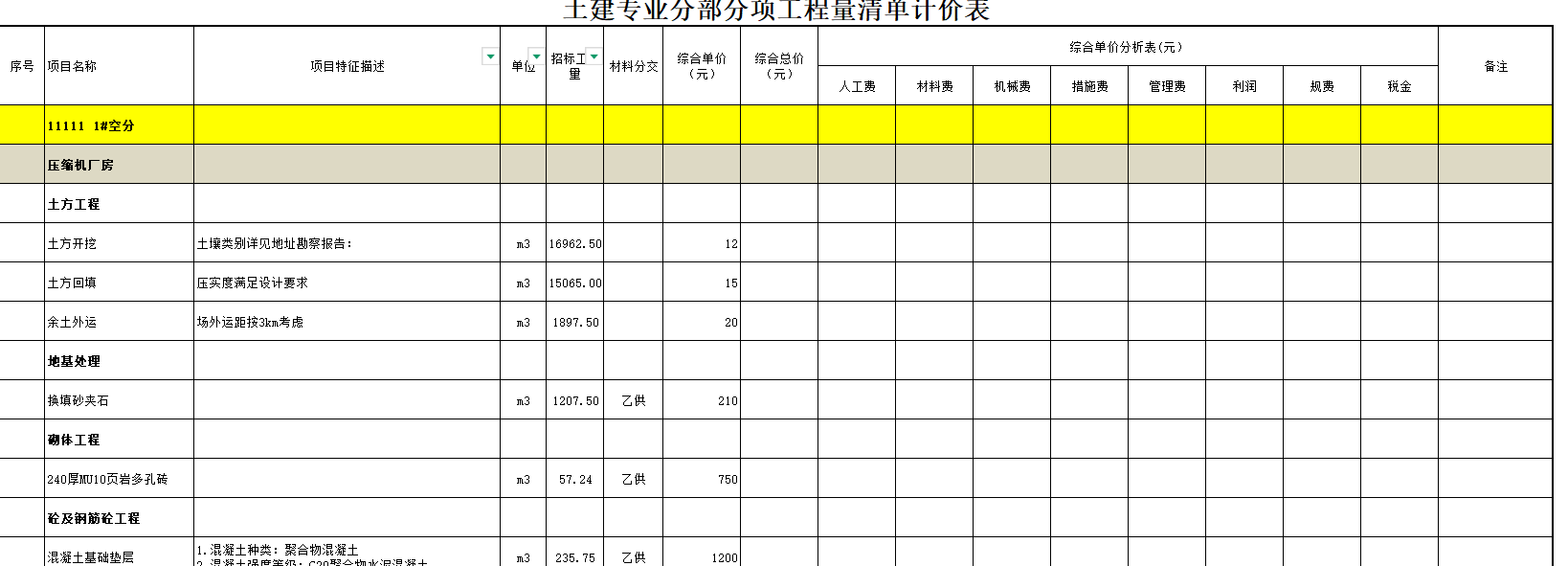 答疑：老师，已经确定综合单价，怎么做这种分析表