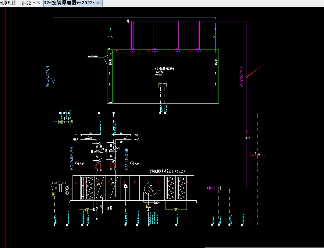 答疑：请问中央空调下图字母代表什么意思，机组上的管道标高怎么看？