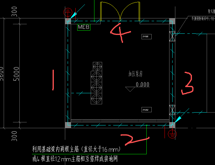 答疑：4根直径12mm主筋相互搭焊成接地网，是四周各一根还是一整圈的量*4
