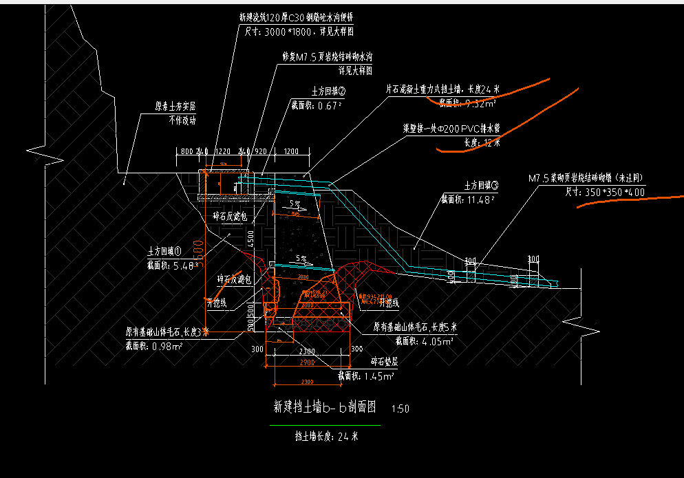 答疑：挡土墙原有毛石不挖。沟槽工程量是不是这样算？