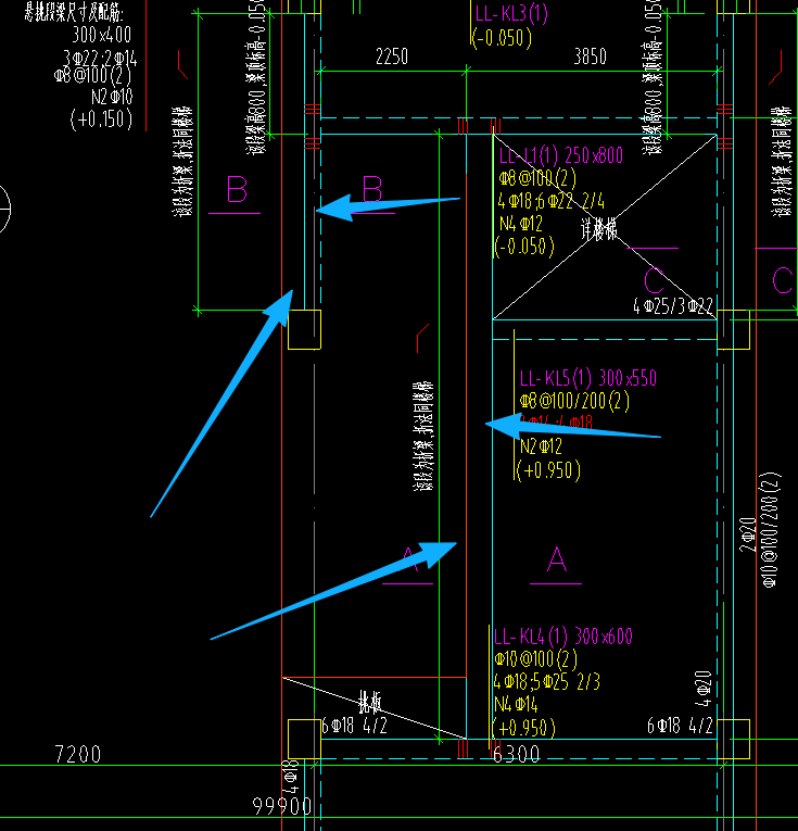 答疑：这个是蓝色箭头的位置都画要画梁还是只有蓝线的位置要画