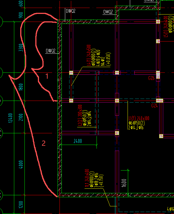 答疑：剪力墙DWQ2的范围到1还是到2？这是两栋楼，差不多的两张图纸
