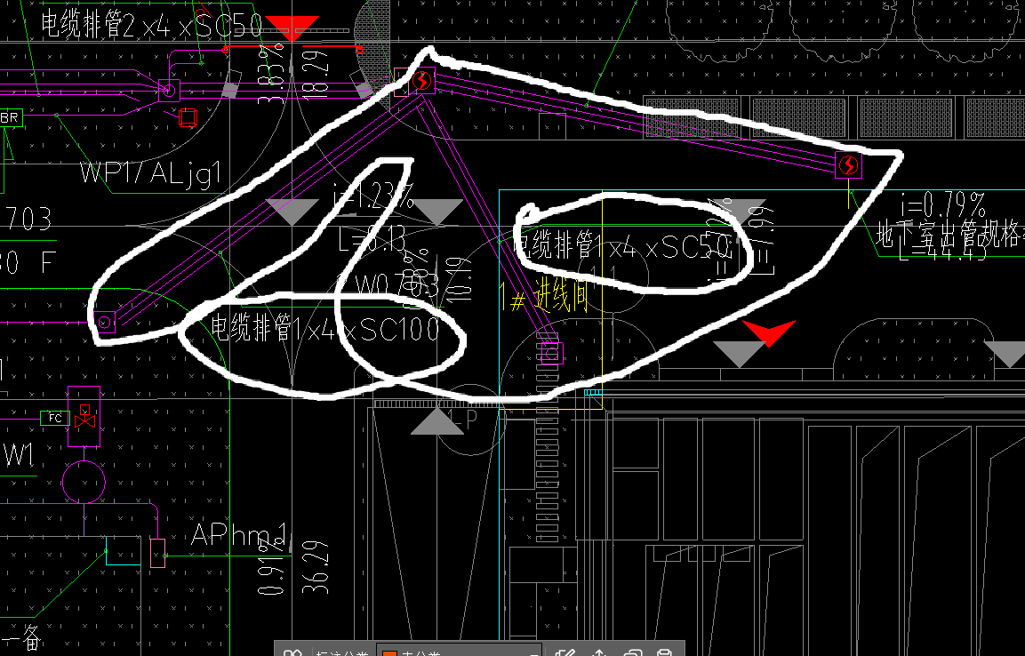 答疑：这里的电缆排管在系统图中没有表示从配电箱出来，电缆怎么算，圈起来的标识是什么意思