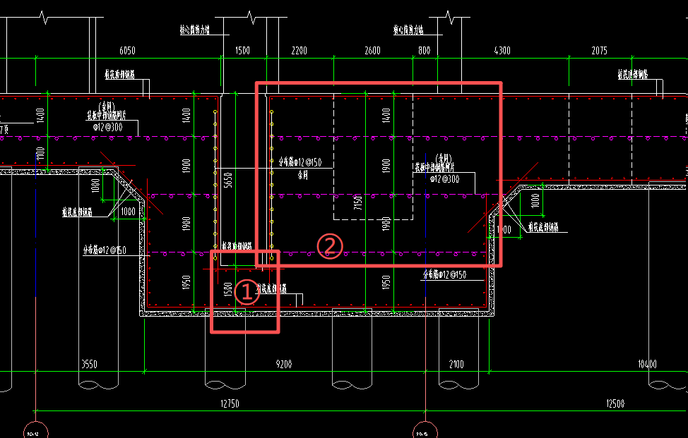 答疑：此筏板中间钢筋只在①内布置，变截面区域②无法自动布置，怎么处理且布置三排中间筋