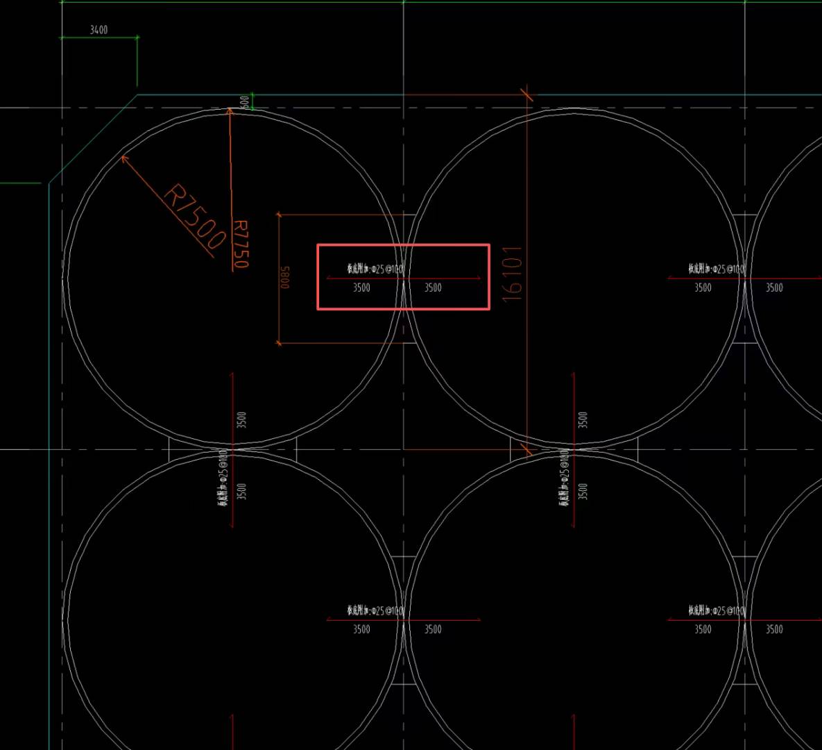 答疑：红线框内的筒仓筏板附加钢筋布置范围是5800mm还是16101mm？