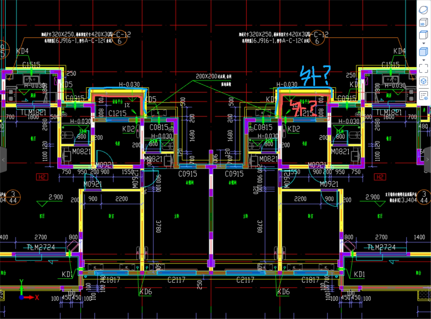 答疑：请问图中红色是外墙，还是蓝色是外墙？二层是线条层，蓝色是节点图上的墙