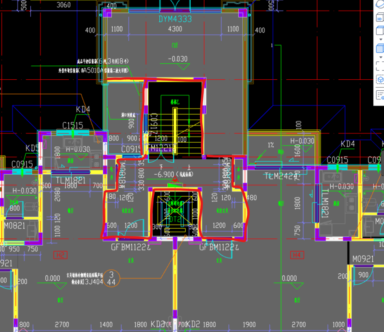 答疑：请问楼梯间和无障碍电梯处没有板，那是不是代表红色处都是外墙？