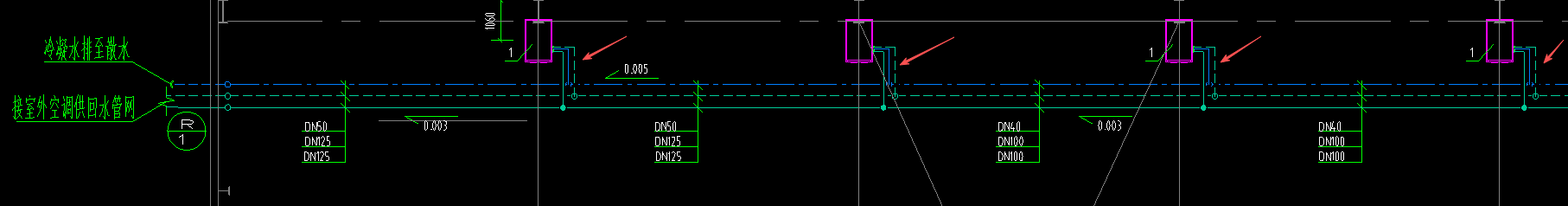 答疑：请问箭头所指的管道尺寸一般用多少？图纸没有标注。从上至下是冷凝，回水，供水。