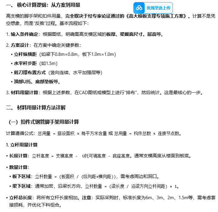 答疑：各位老师，晚上好。高大模板支撑架，怎么计算脚手架、扣件的用量？有什么简便方法或软