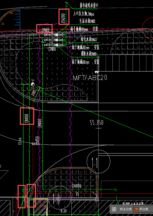 答疑：200铸铁管，转80不锈钢管，在转100铸铁主管.然后再分两支100铸铁支管