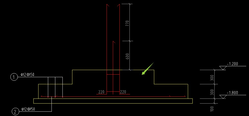 答疑：请问老师，这个独立基础只有下边双向的钢筋，上层箭头位置没有钢筋是吗